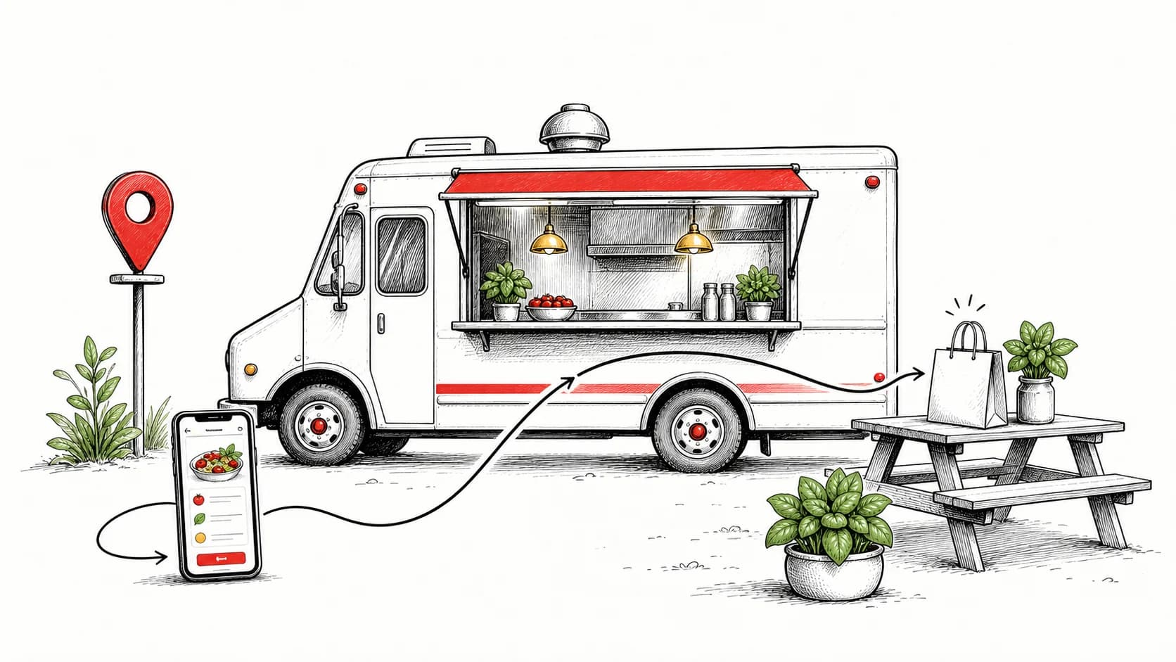 An illustrated food truck connected to order-ahead and guest pickup