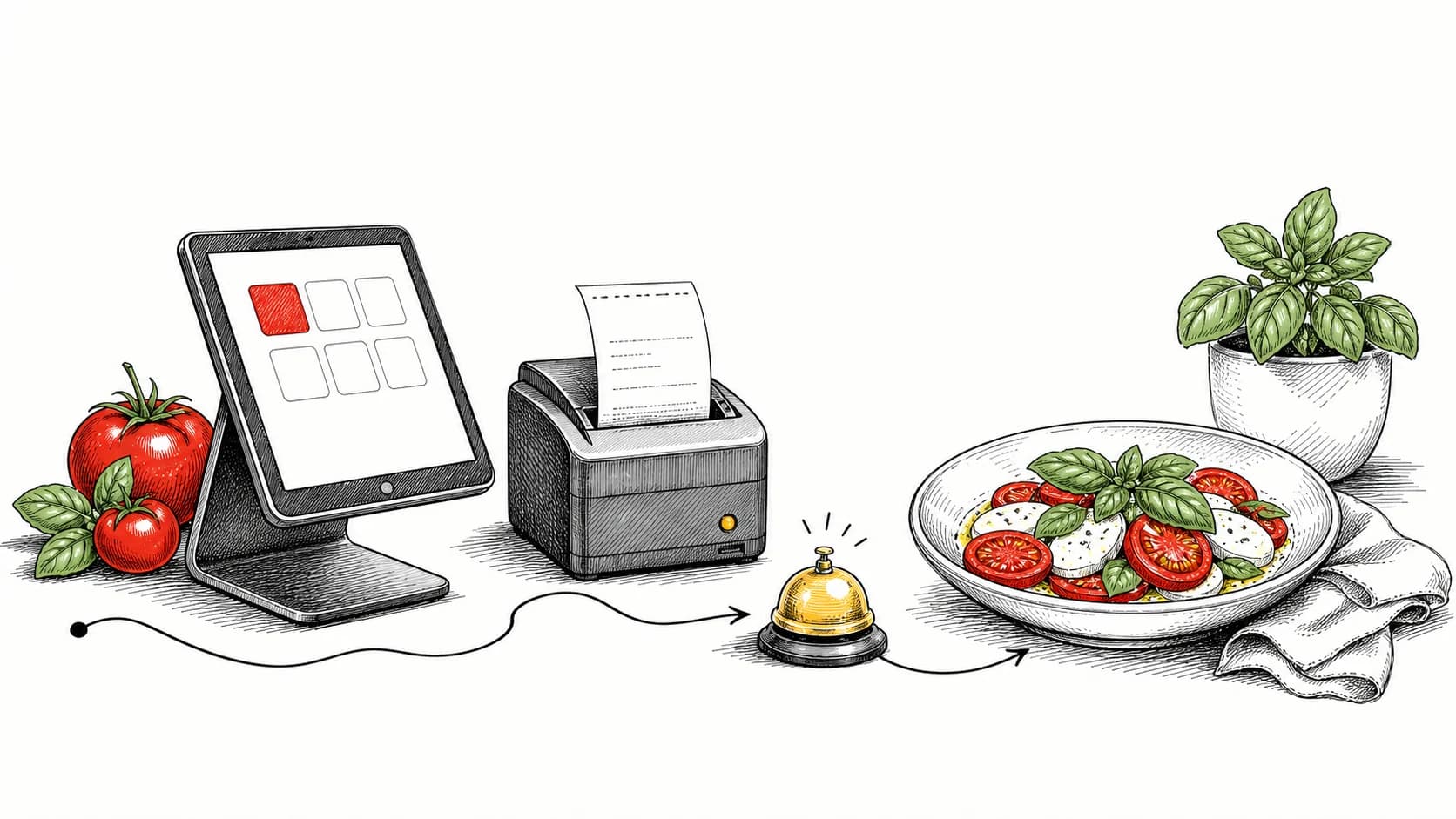 An illustrated restaurant ordering terminal, kitchen printer, service bell, and finished plate